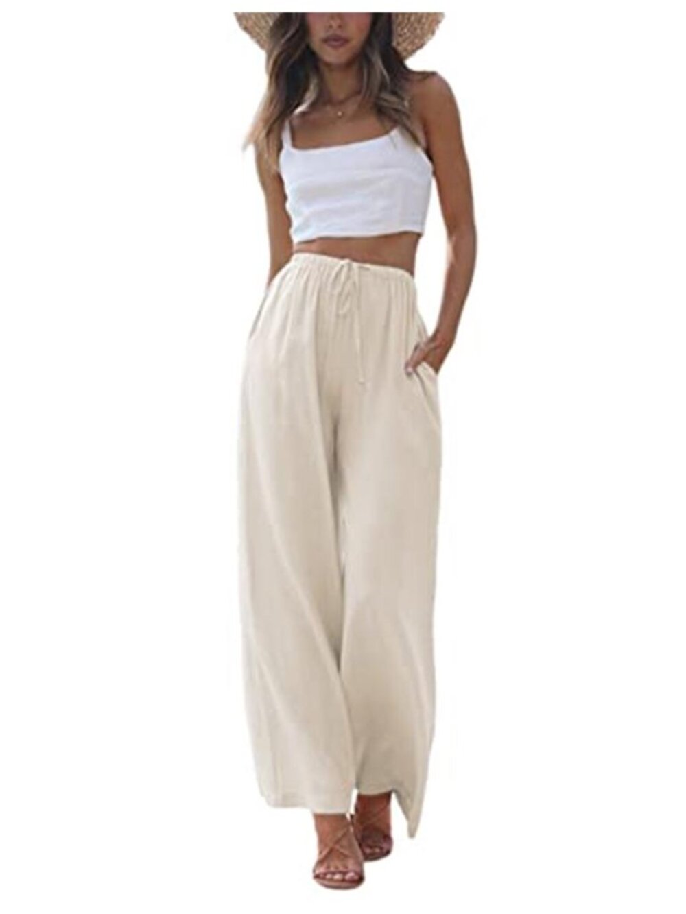 Linen Cotton Wide Leg Pants Drawstring Elastic Waist Palazzo Beach Casual Lounge